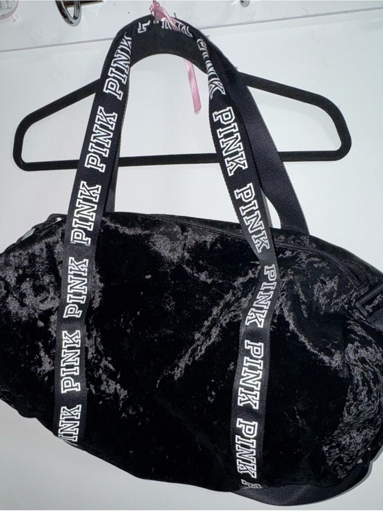 PINK Victoria's Secret Handbags - PINK Victoria's Secret Black Plush duffel bag with Branded Straps